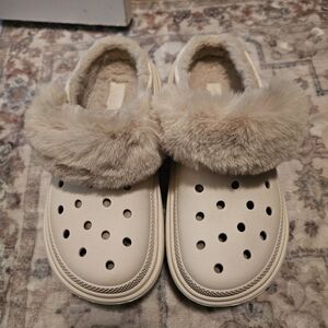CROCS Beige Fuzzy Slippers